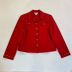 Vintage St. John Red Cotton Denim Studded Women's Jacket, Size Small